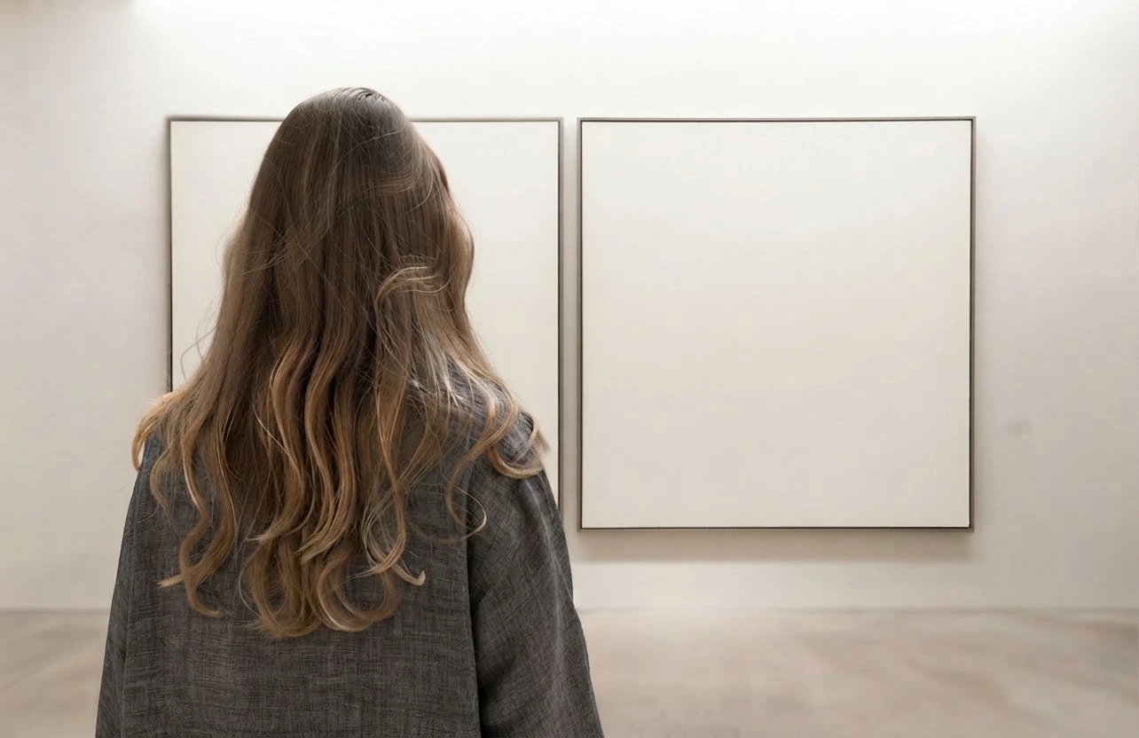 Yevheniia viewing paintings in a gallery